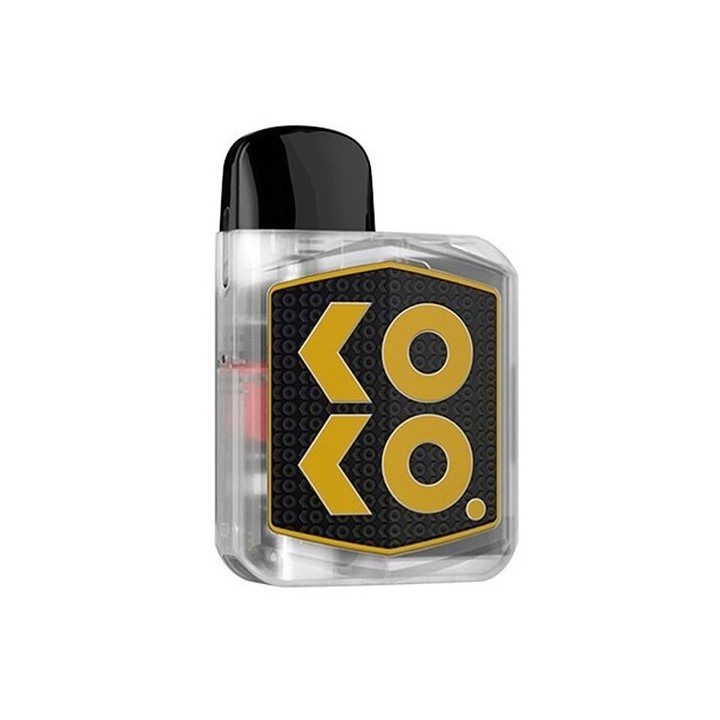 Uwell Koko Prime Pod Mod şeffaf gövde, siyah ağızlık, altın logo.