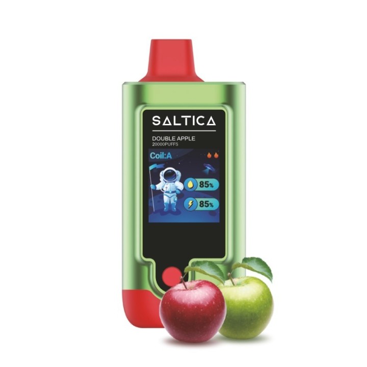 Saltica Digital 20000 Double Apple kullan at yeşil vape, dijital ekranlı.