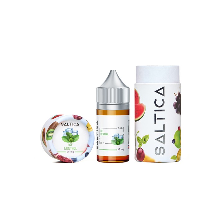 Saltica Ice Menthol Salt Likit 35mg şişe ve kutu ambalajı.