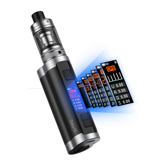Aspire Zelos X Pod Mod, siyah ve gümüş renkli, parlak ekranlı elektronik sigara.
