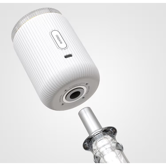 Beyaz Aspire Proteus Neo E Hookah cihazı ve şeffaf ağızlık parçası.