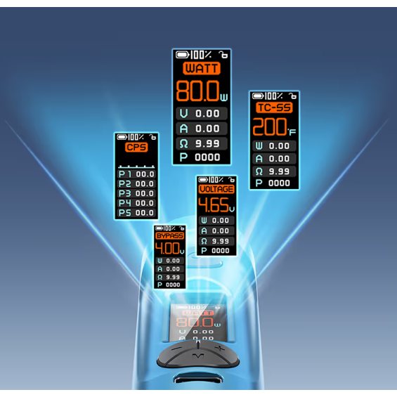 Aspire Boxxer Pod Mod ekran arayüzü Watt, TC-SS, Voltaj, Bypass ve CPS modları gösteriyor.