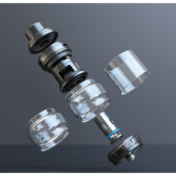 Aspire Huracan EX Pod Mod tank parçaları, siyah metal ve cam detaylı patlama görünümü.