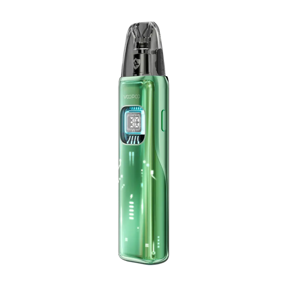 Voopoo Argus Matrix Pod Mod yeşil, şeffaf gövde, dijital ekran.