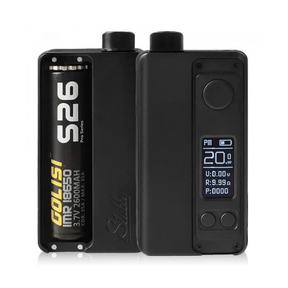 Siyah Suicide Mods Stubby AIO Pod Mod, açık batarya bölmeli ve ekranlı.