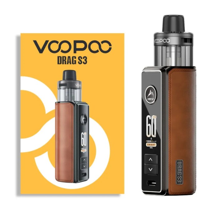 Voopoo Drag S3 Pod Mod kahverengi deri detaylı, 60W elektronik sigara.