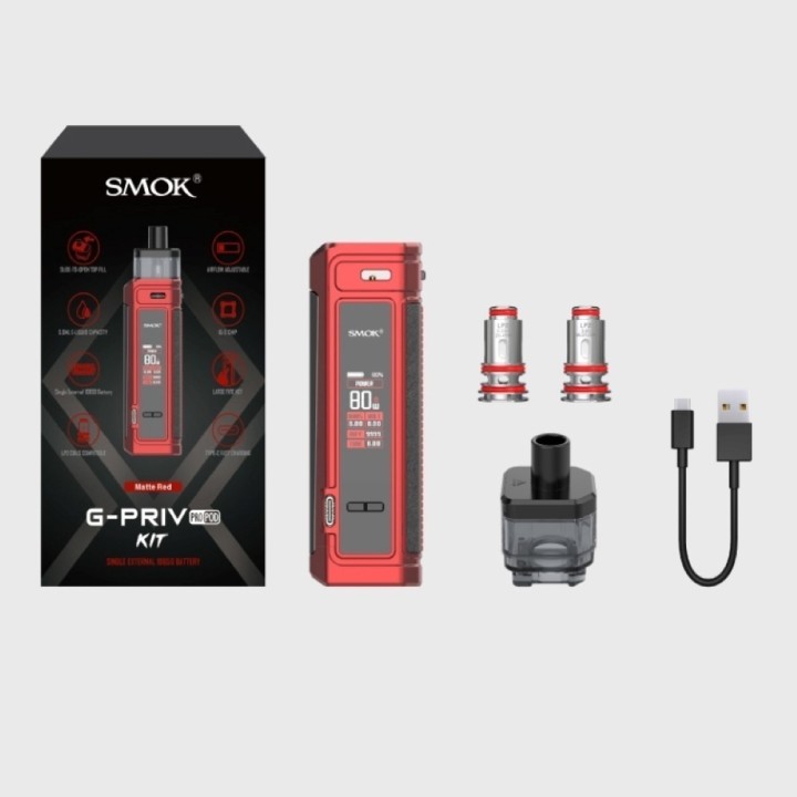 Smok G PRIV PRO Pod Mod Kit Mat Kırmızı, kutu içeriği ve aksesuarları.