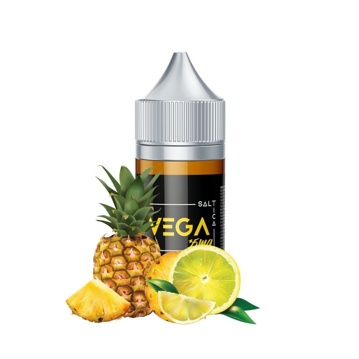 Saltica Vega Salt Likit ananas ve limon aromalı, kahverengi şişe.